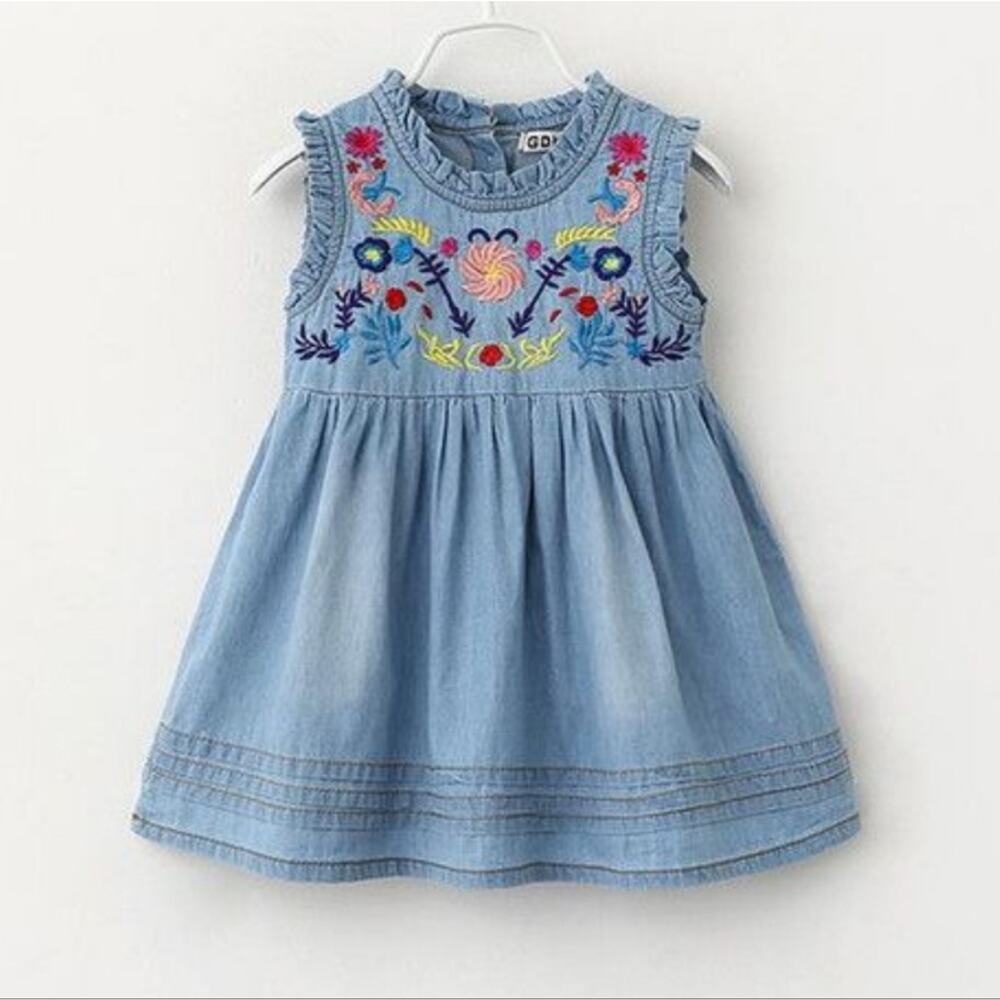 Boutique Dress Girls Size 4 Blue Pink Embroidered Flowers Chambray
